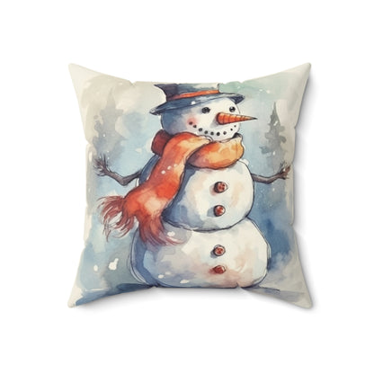 Frosty Winter Snowman - Spun Polyester Square Pillow