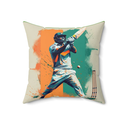 Cricket Batsman, Ball Strike, Indian Flag Color Background - Street Style - Spun Polyester Square Pillow