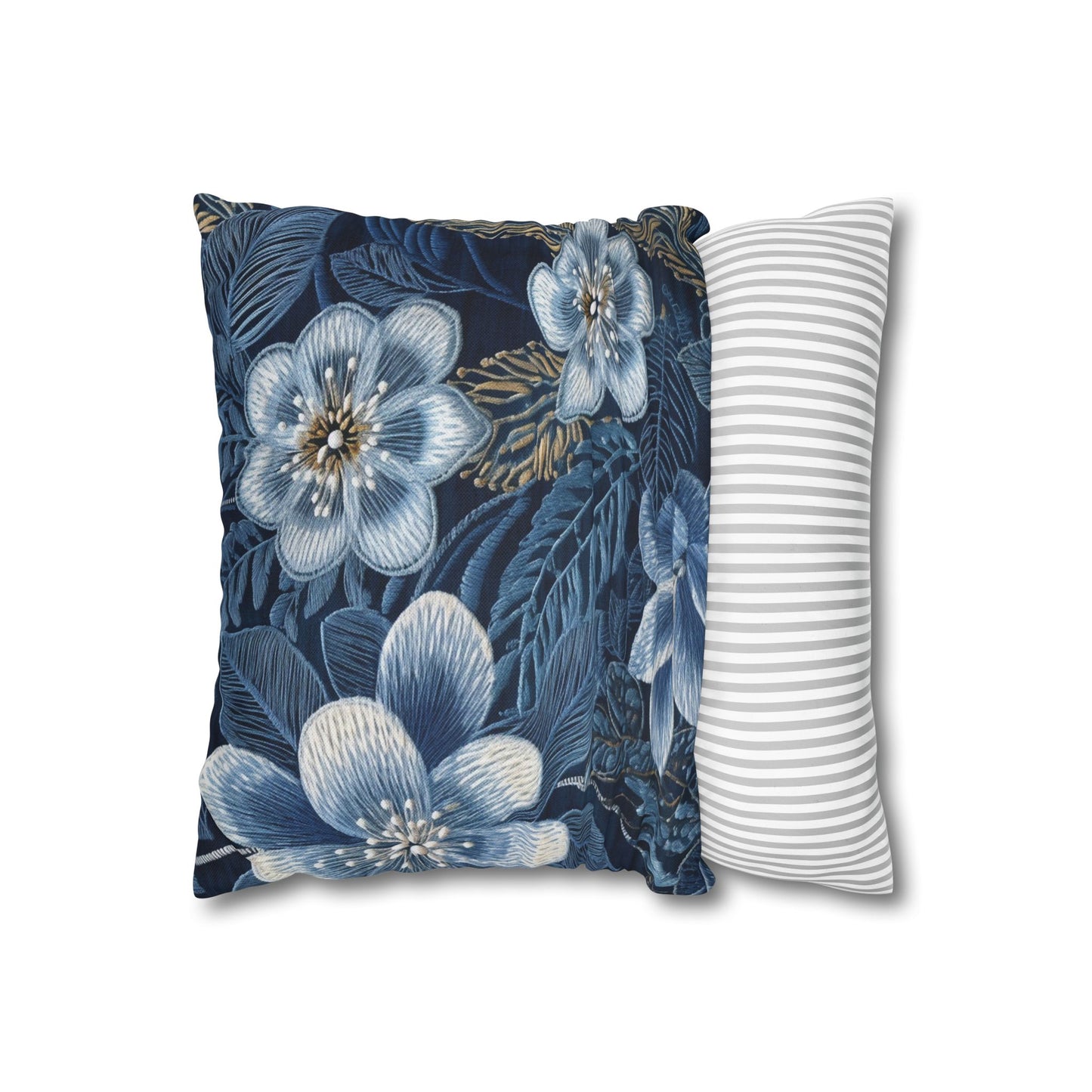 Flower Blossom Embroidery Floral on Denim Style - Spun Polyester Square Pillow Case