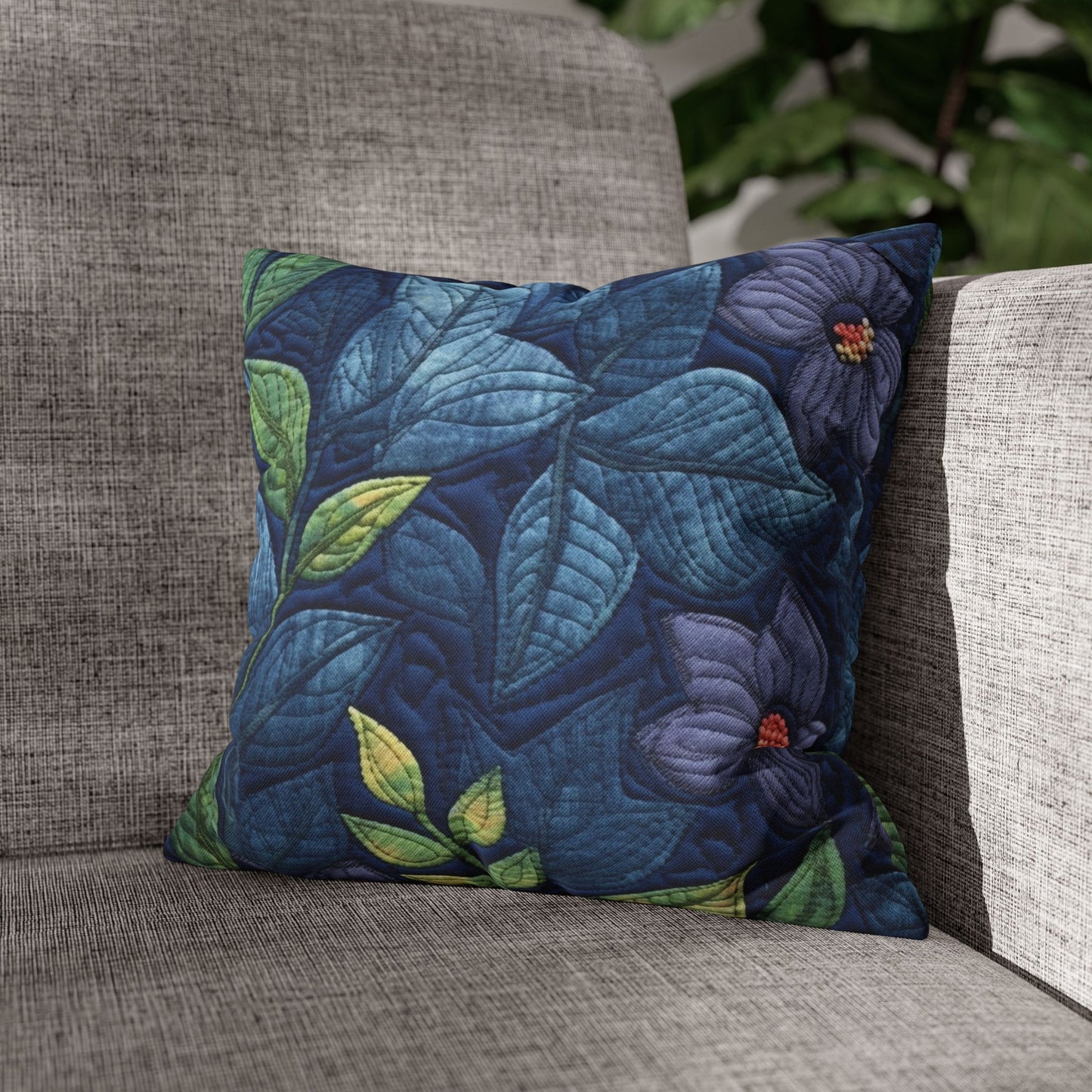 Floral Embroidery Blue: Denim-Inspired, Artisan-Crafted Flower Design - Spun Polyester Square Pillow Case