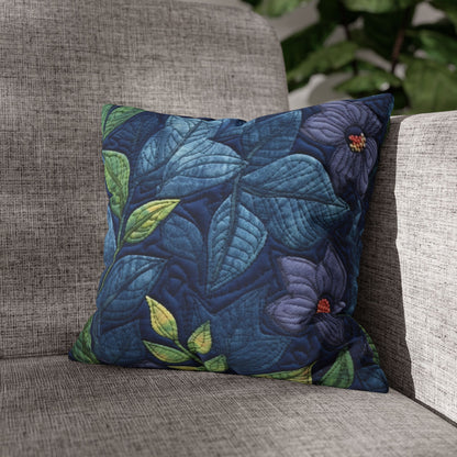 Floral Embroidery Blue: Denim-Inspired, Artisan-Crafted Flower Design - Spun Polyester Square Pillow Case