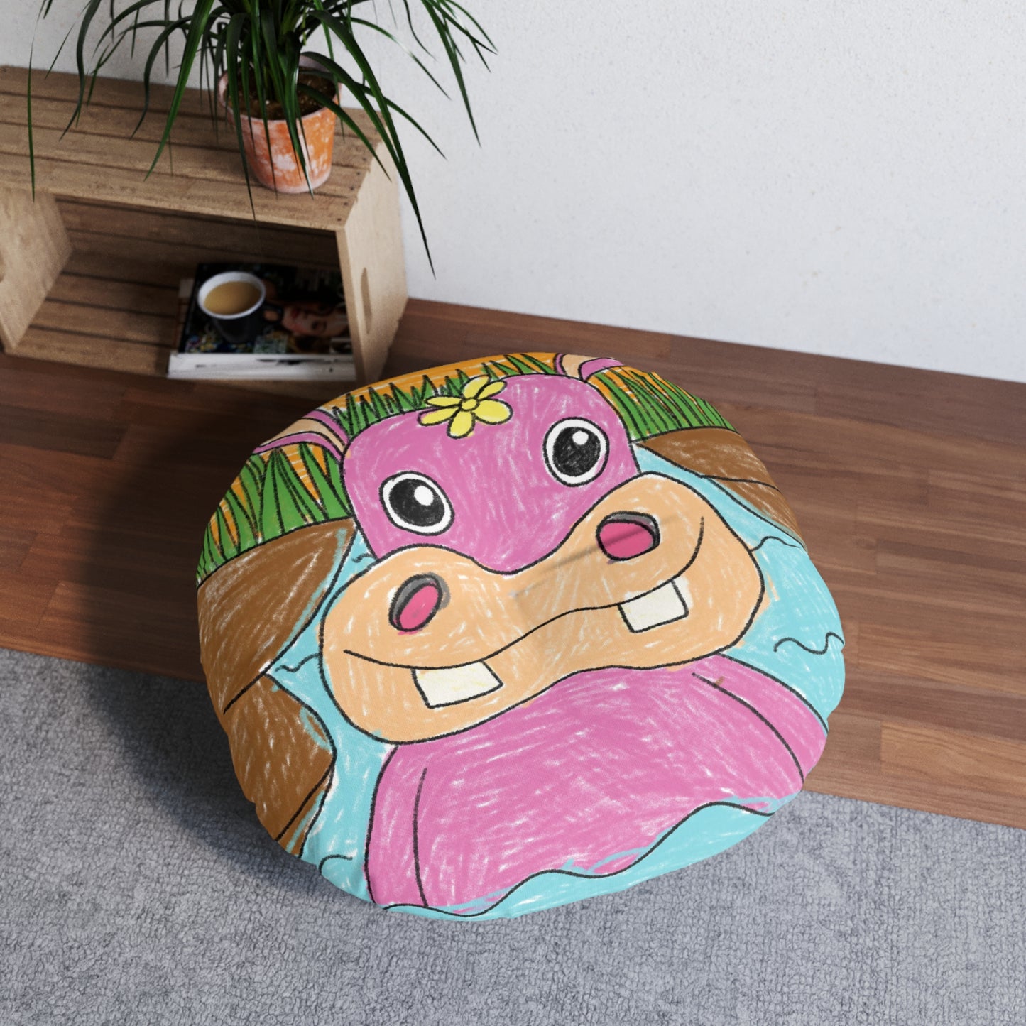 Hippo Hippopotamus Animal Creature Graphic Tufted Floor Pillow, Round