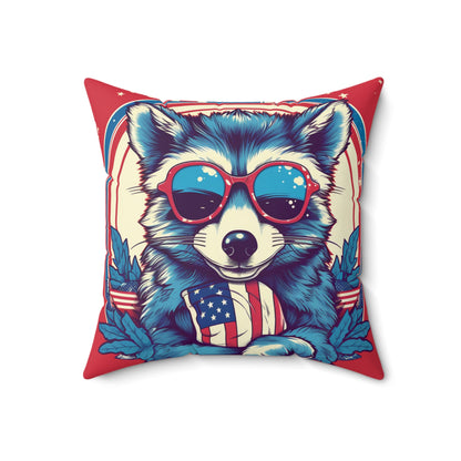 4th of July Stylish Raccoon USA American Graphic Spun Polyester Square Pillow