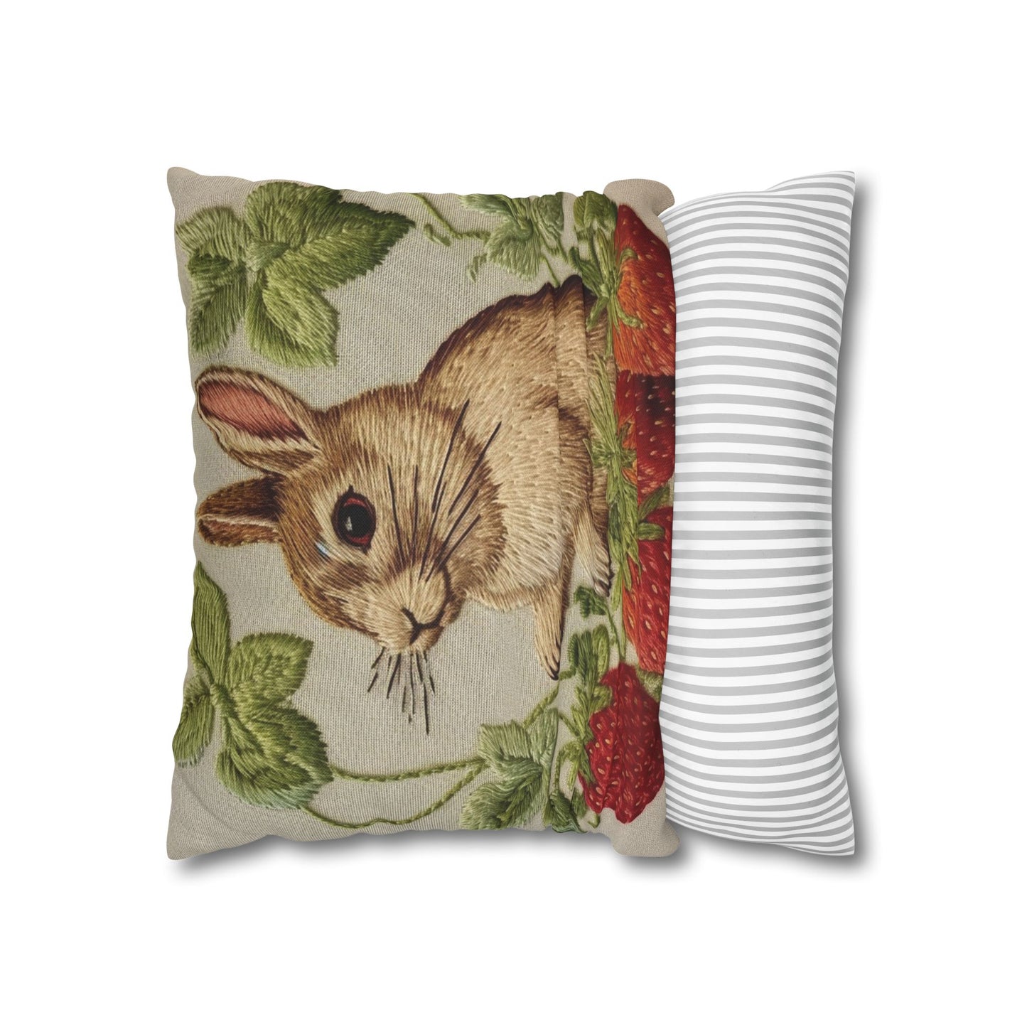 Strawberry Bunny Rabit - Embroidery Style - Strawberries Fruit Munchies - Easter Gift - Spun Polyester Square Pillow Case