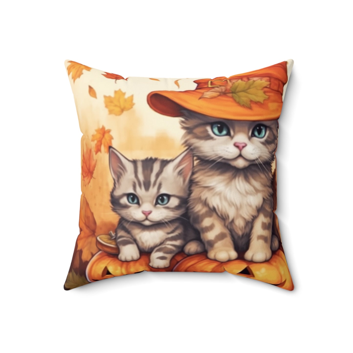 Kitty Cat Kittens Halloween - Cute Furries on Pumpkin - Festive Feline Decor - Spun Polyester Square Pillow