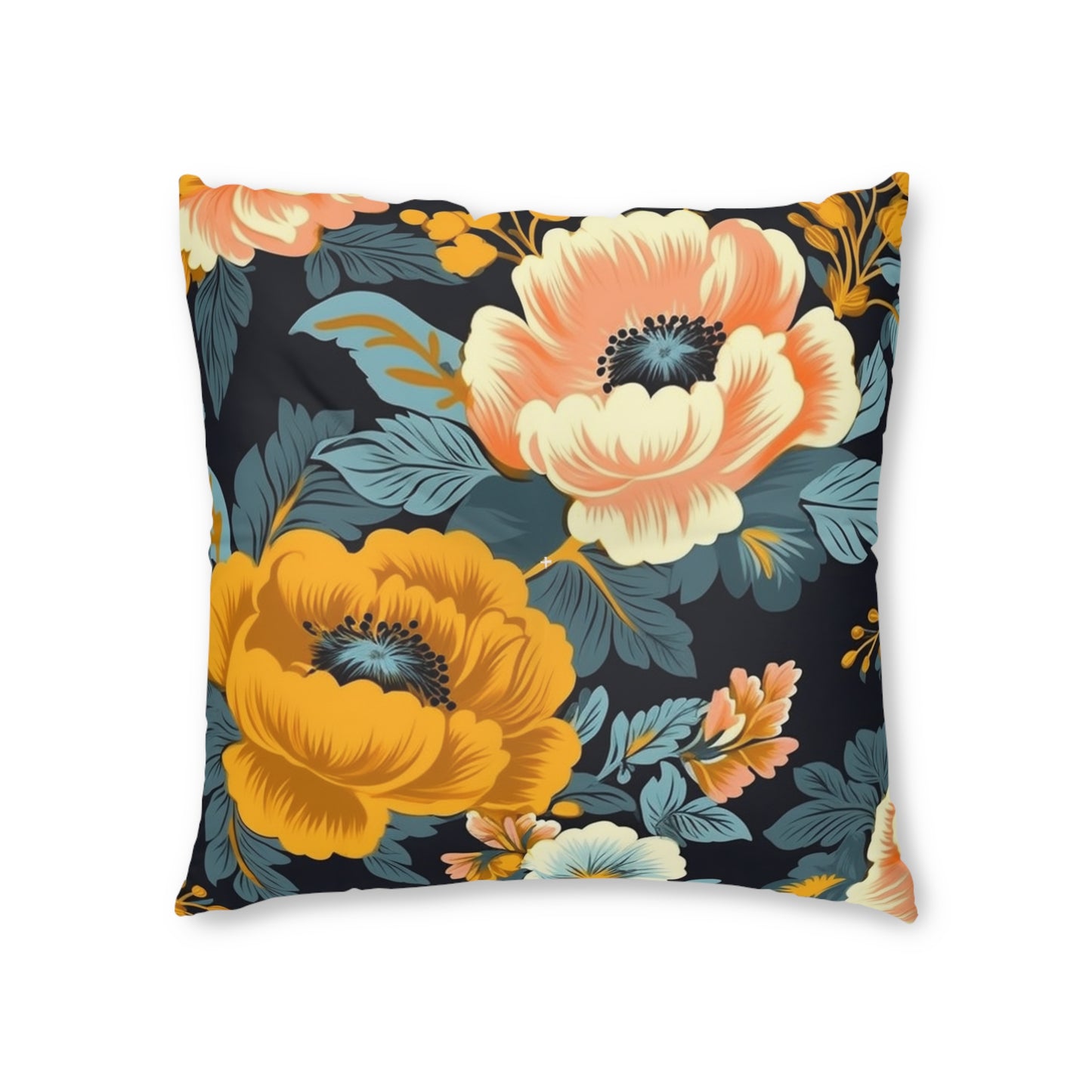 Vintage 50s 60s Inspired High-Waisted Floral Flower Pattern Tufted Floor Pillow, Square