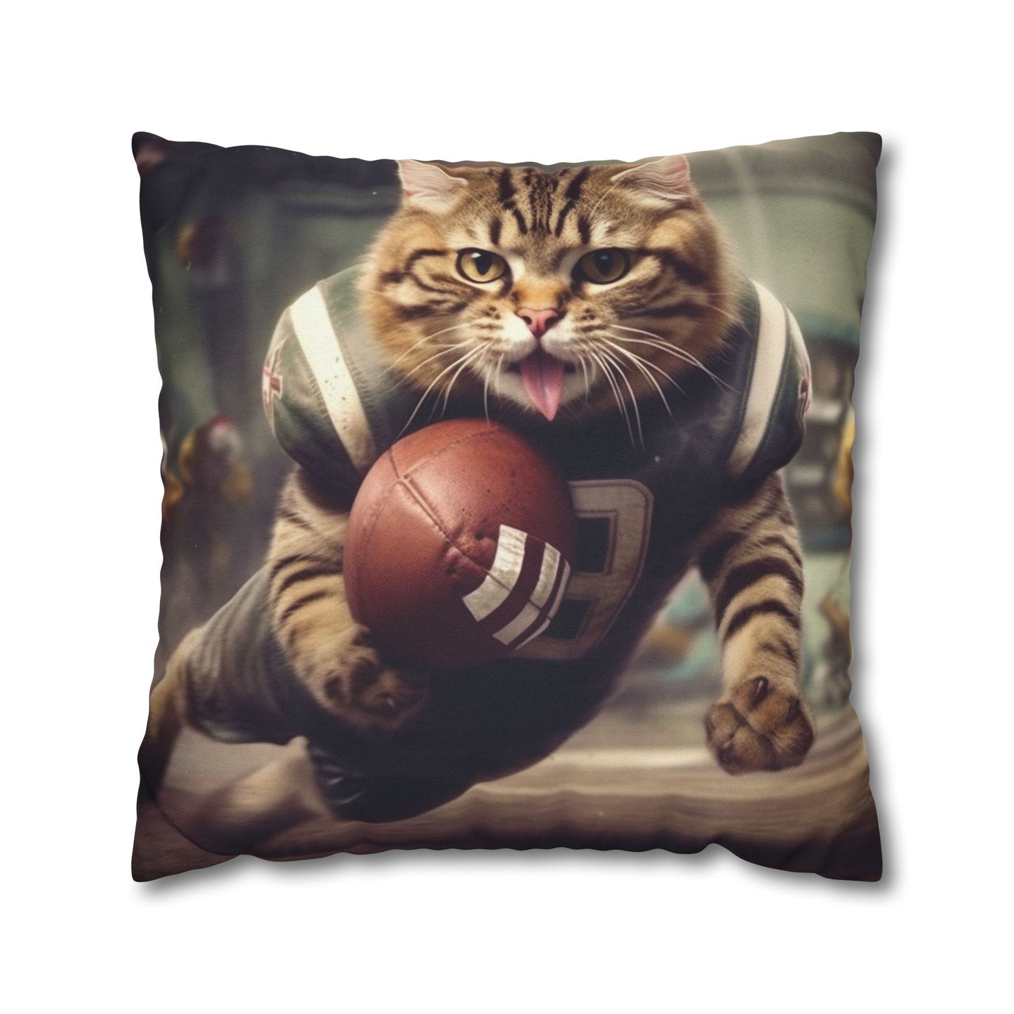 Football Field Felines: Kitty Cats in Sport Tackling Scoring Game Position - Spun Polyester Square Pillow Case