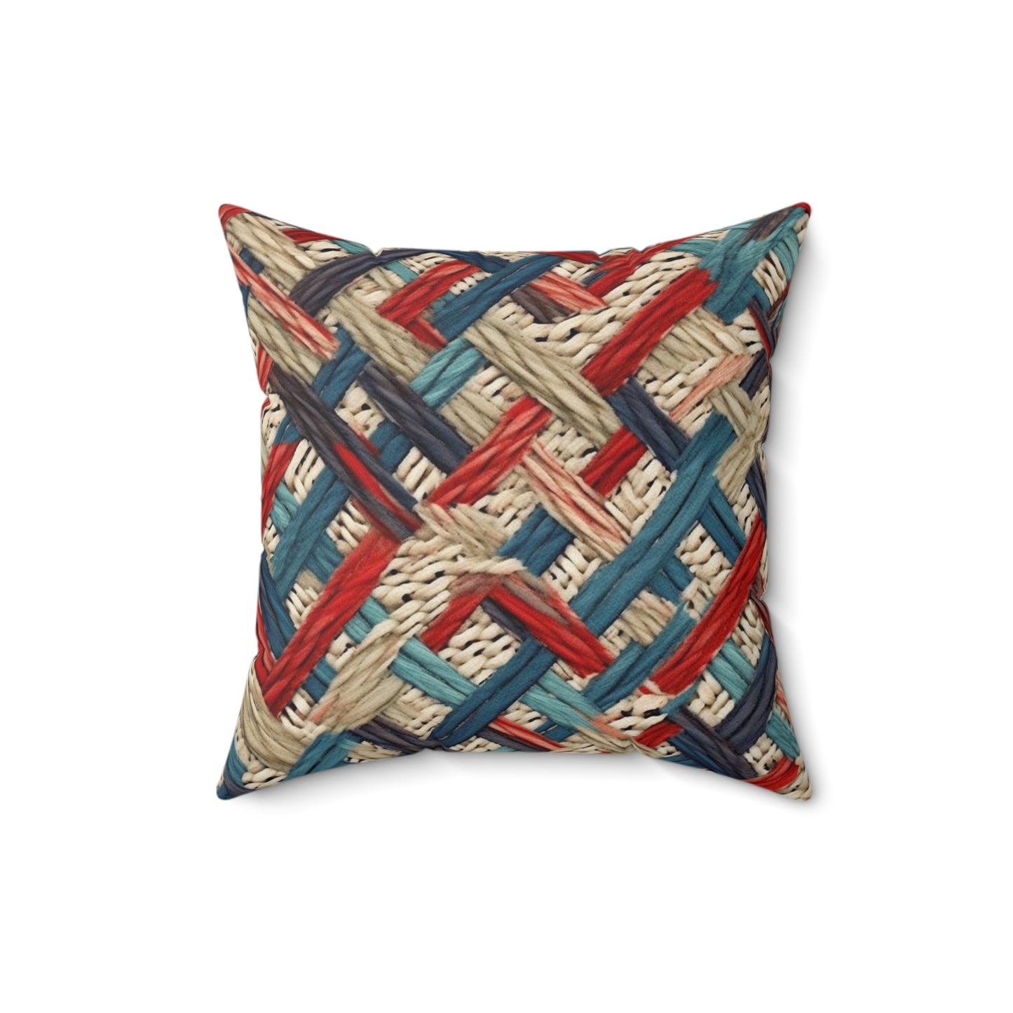 Colorful Yarn Knot: Denim-Inspired Fabric in Red, White, Light Blue - Spun Polyester Square Pillow