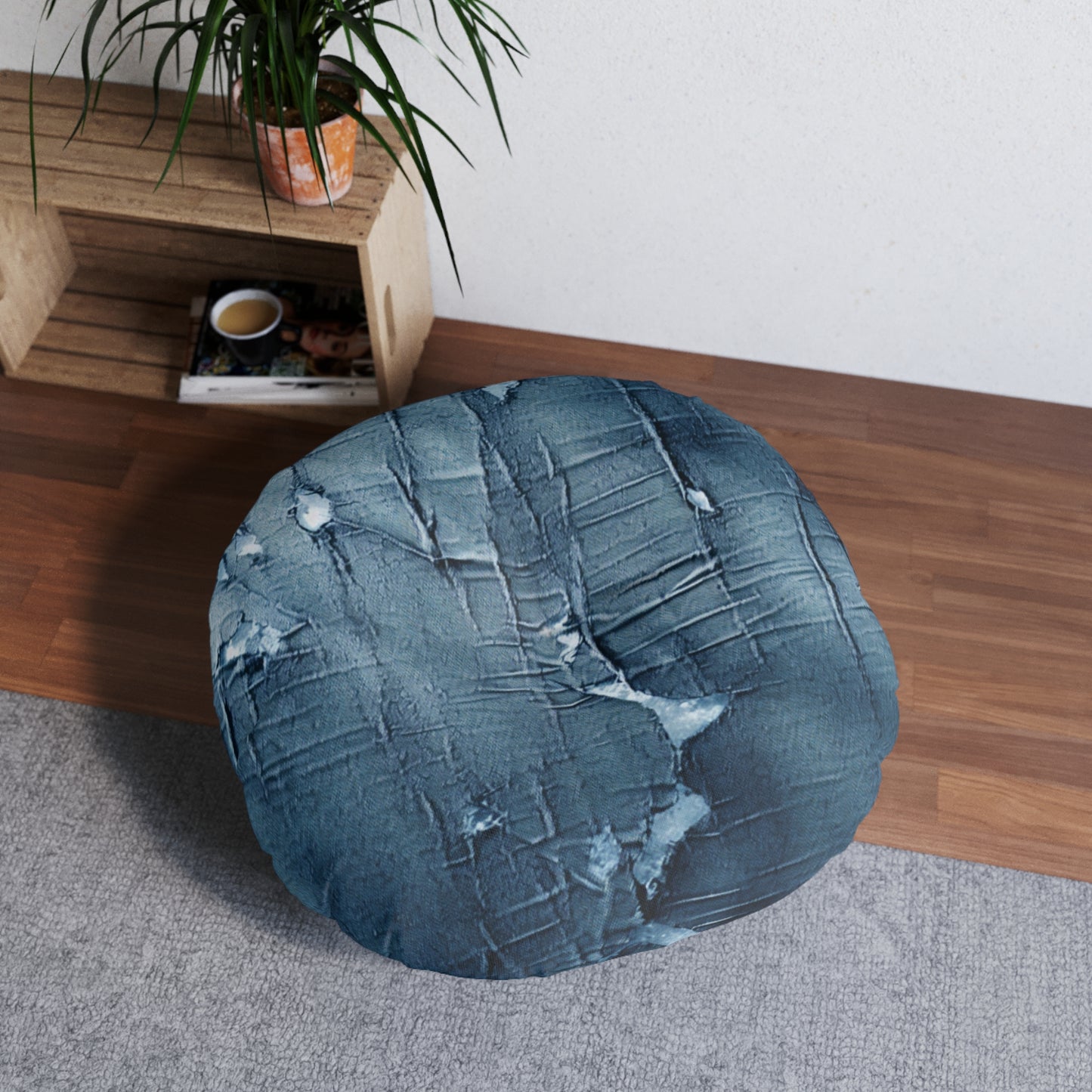 Distressed Blue Denim-Look: Edgy, Torn Fabric Design - Tufted Floor Pillow, Round