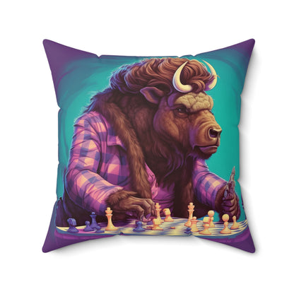 American Buffalo Bison Chess Player Graphic Spun Polyester Square Pillow