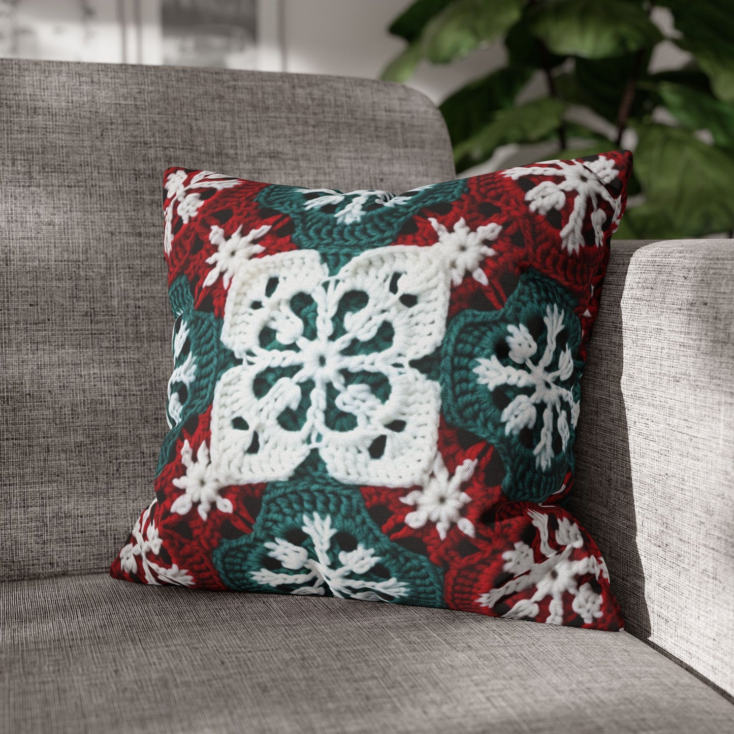 Christmas Snowflake Crochet, Festive Yuletide, Winter Wonderland Craft, Ice Crystal, Holiday Decor, Seasonal Adornments - Spun Polyester Square Pillow Case