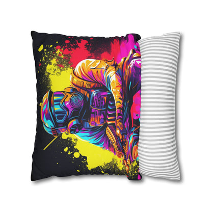 Paintball Action Sport: Player in Battle, Paint Splatter - Spun Polyester Square Pillow Case