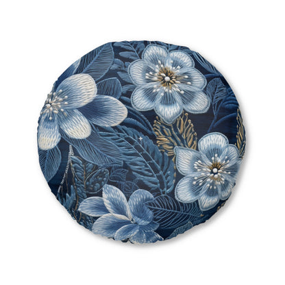 Flower Blossom Embroidery Floral on Denim Style - Tufted Floor Pillow, Round