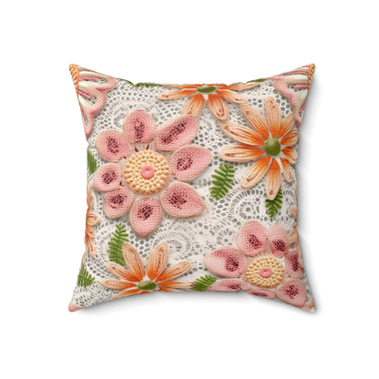 Floral Embroidered Eyelet: Delicate Flower Elegant Pattern - Spun Polyester Square Pillow