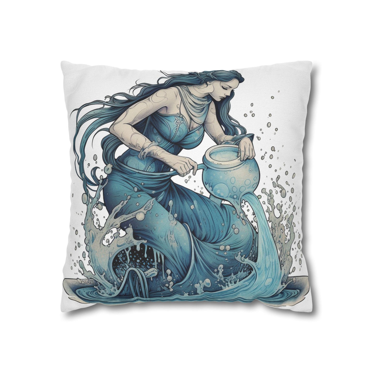 Aquarius Zodiac Symbol - Girl Pouring Water, Hand-Drawn Style - Spun Polyester Square Pillow Case