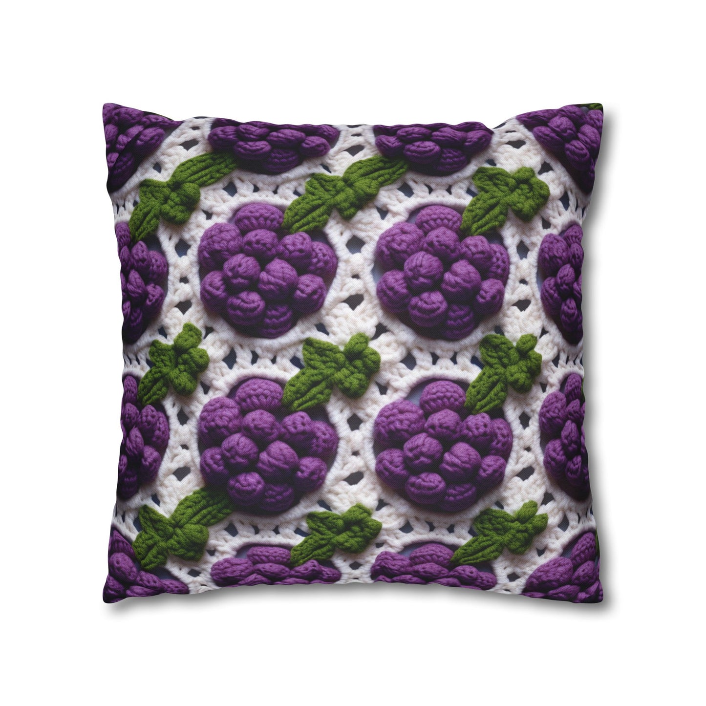 Crochet Grapes Pattern - Granny Square Design - Fresh Fruit Pick - Orchard Purple Snack Food - Spun Polyester Square Pillow Case