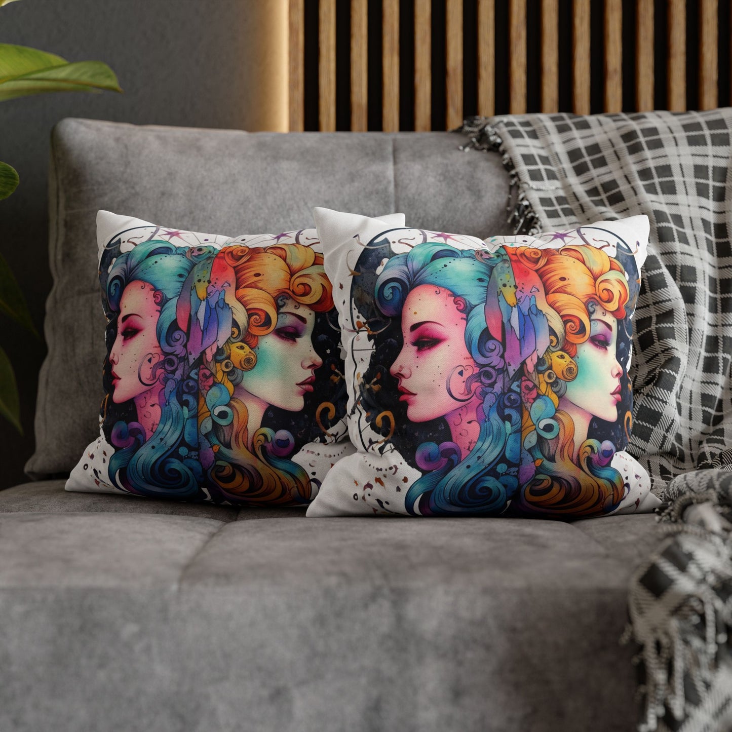 Graffiti Gemini Zodiac Sign - Astrology, Twins Symbol - Spun Polyester Square Pillow Case