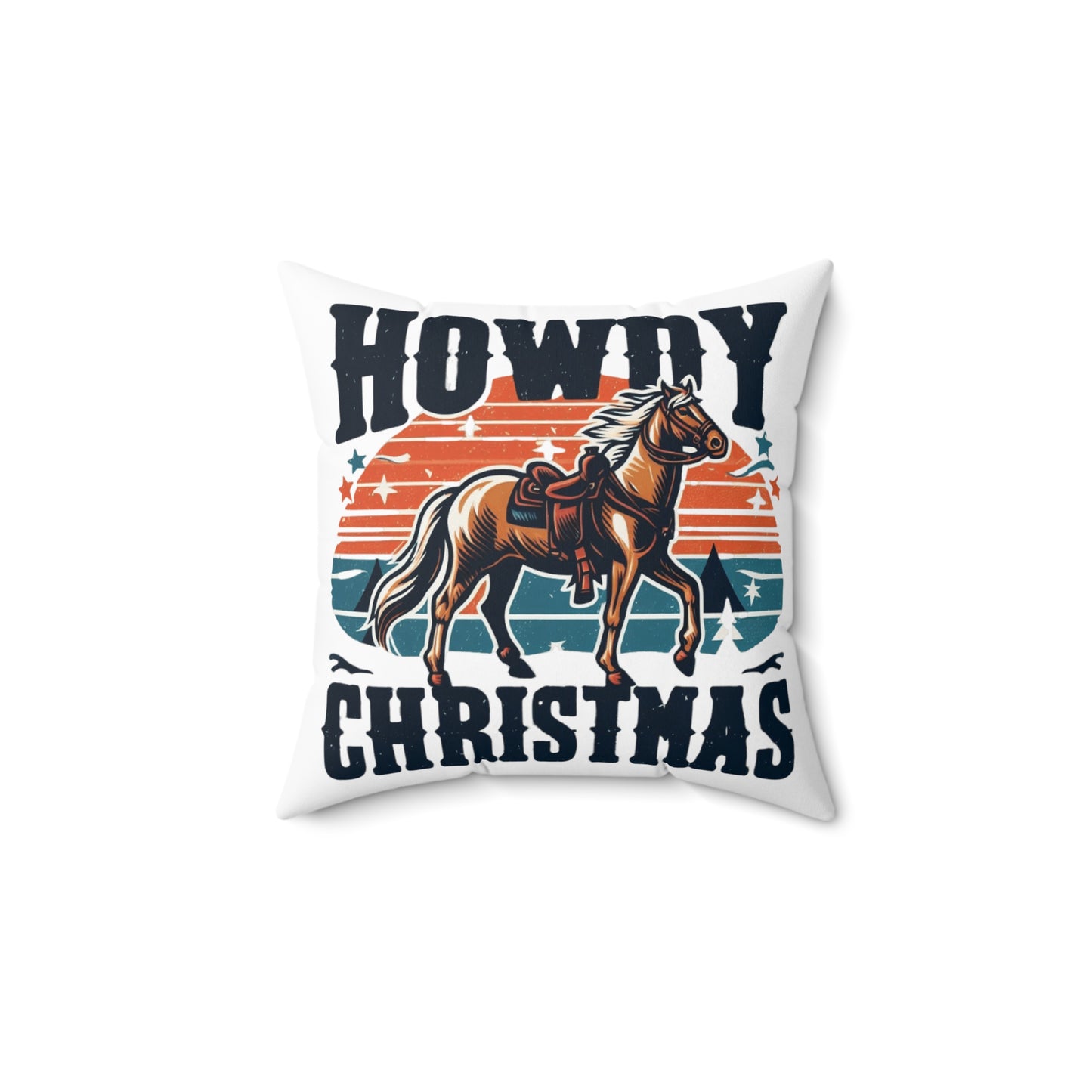 Retro Western Christmas - Howdy Christmas with Patriotic Horse and Star Banner - Spun Polyester Square Pillow