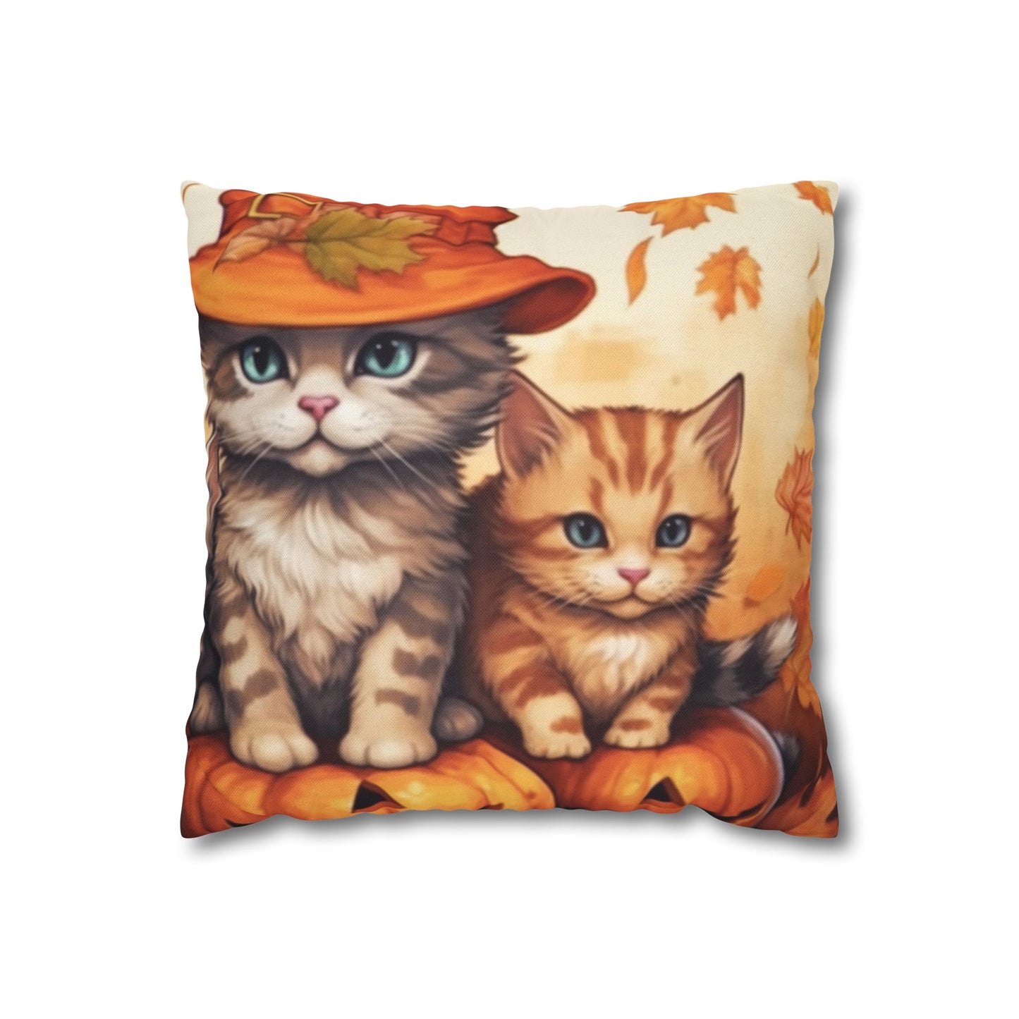 Kitty Cat Kittens Halloween - Cute Furries on Pumpkin - Festive Feline Decor - Spun Polyester Square Pillow Case