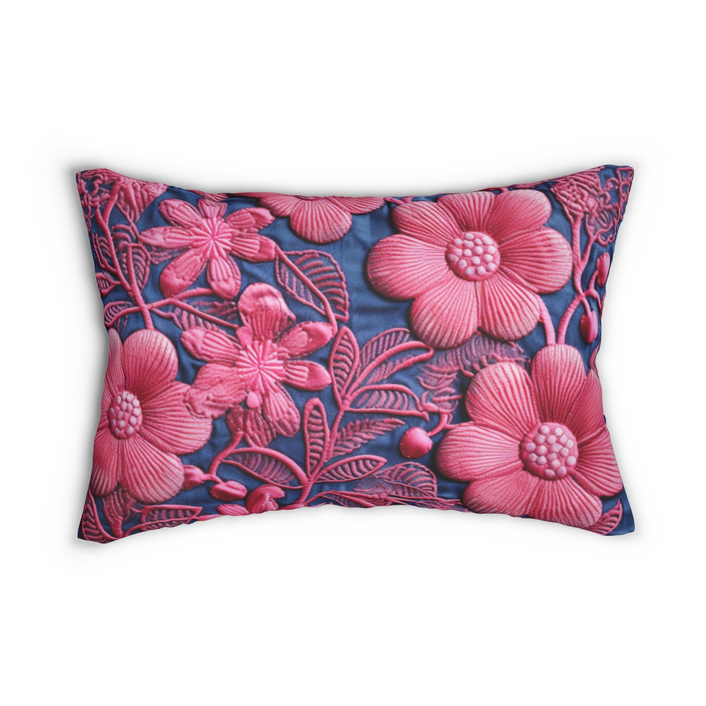 Denim Blue Doll Pink Floral Embroidery Style Fabric Flowers - Spun Polyester Lumbar Pillow