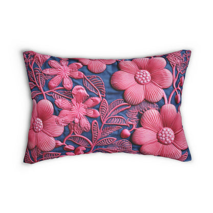 Denim Blue Doll Pink Floral Embroidery Style Fabric Flowers - Spun Polyester Lumbar Pillow