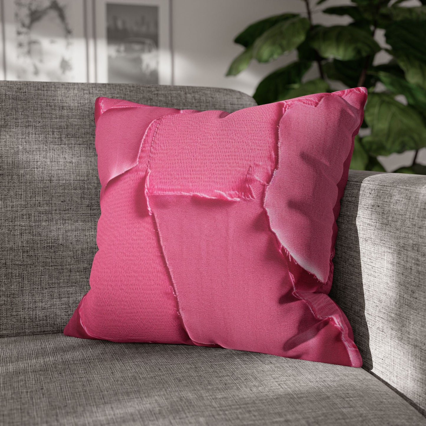 Distressed Neon Pink: Edgy, Ripped Denim-Inspired Doll Fabric - Spun Polyester Square Pillow Case