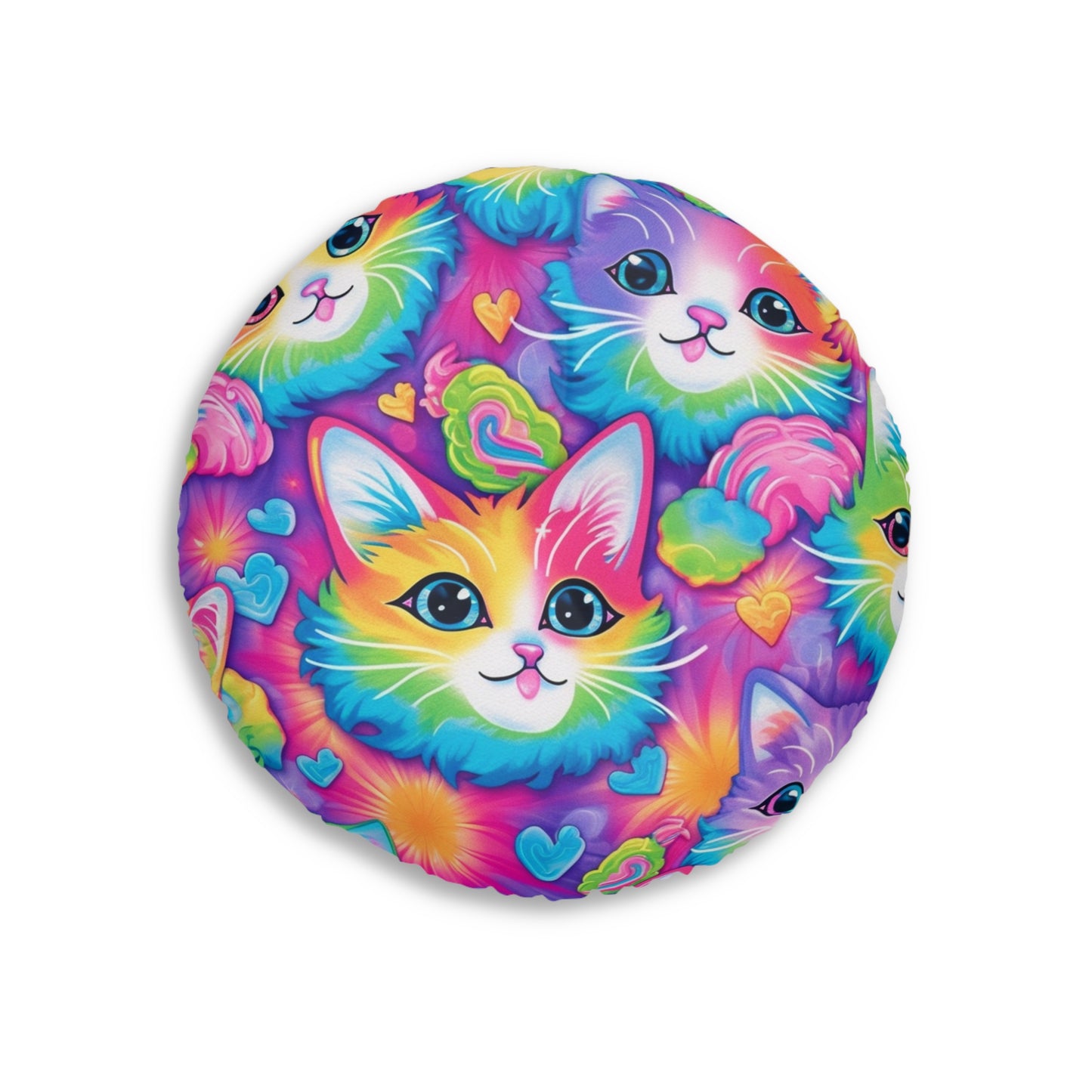 Happy Kitten & Cat Design - Vivid, Colorful & Eye-Catching - Tufted Floor Pillow, Round