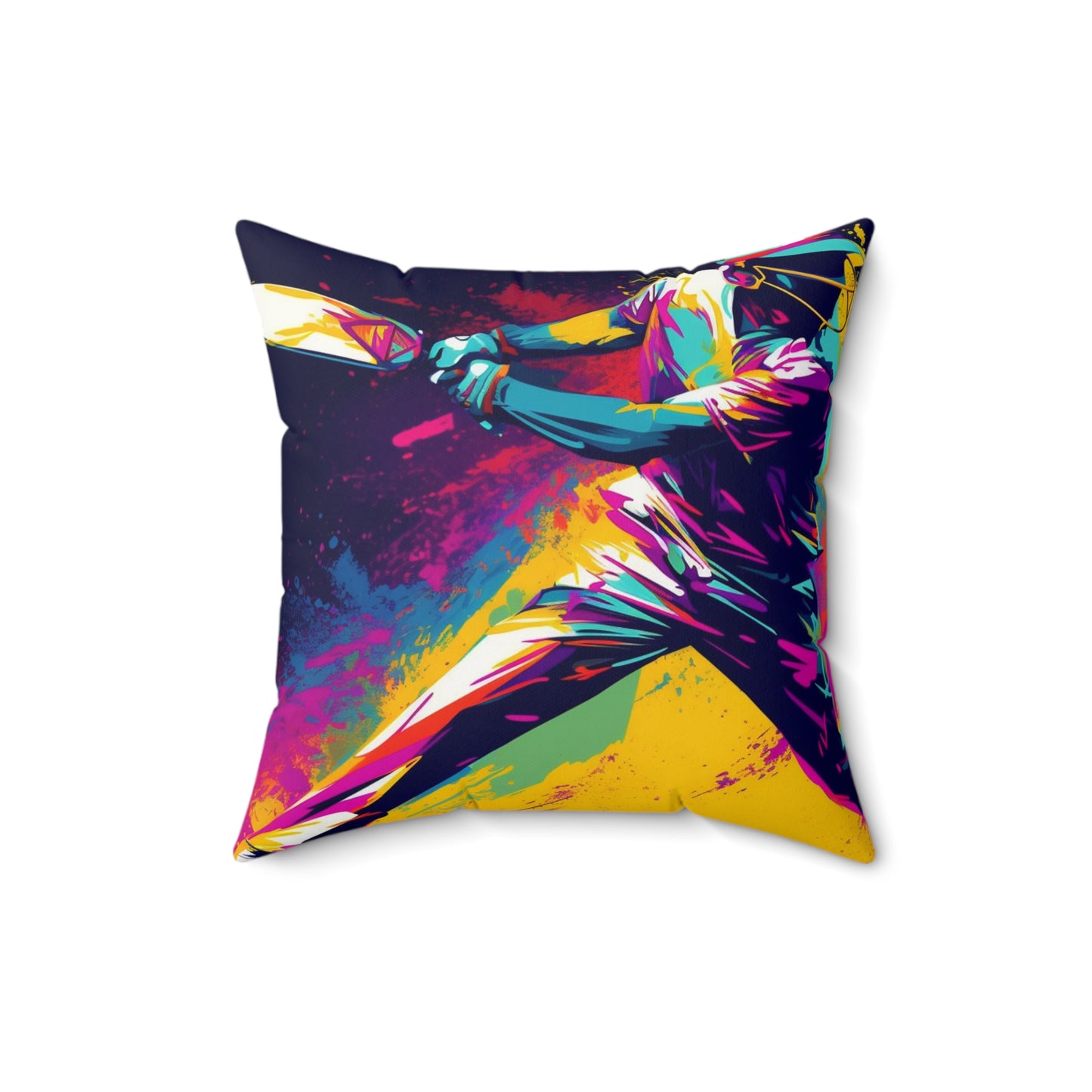 Cricket Pop Art: Batsman, Ball Impact, Wicket Stand Sport Game - Spun Polyester Square Pillow