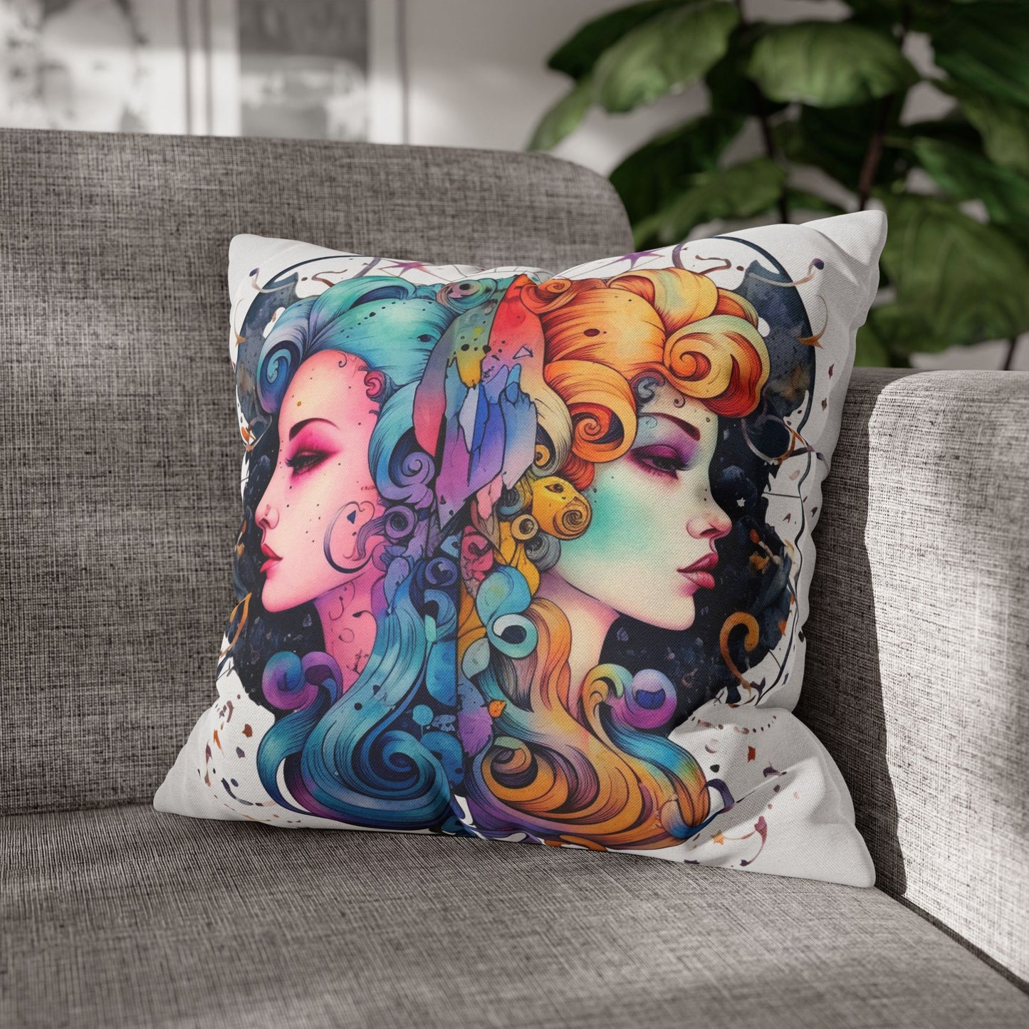 Graffiti Gemini Zodiac Sign - Astrology, Twins Symbol - Spun Polyester Square Pillow Case