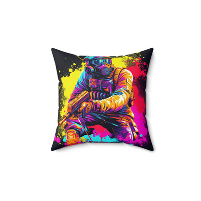 Paintball Action Sport: Player in Battle, Paint Splatter - Spun Polyester Square Pillow