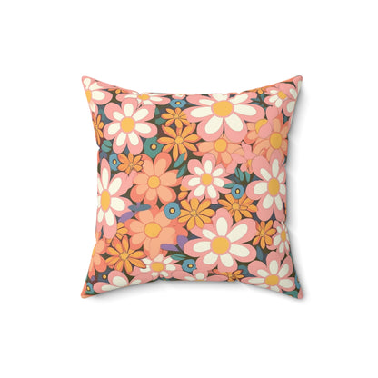 Groovy 1960s 1970s Pink & Orange Daisy Mod Floral - Spun Polyester Square Pillow