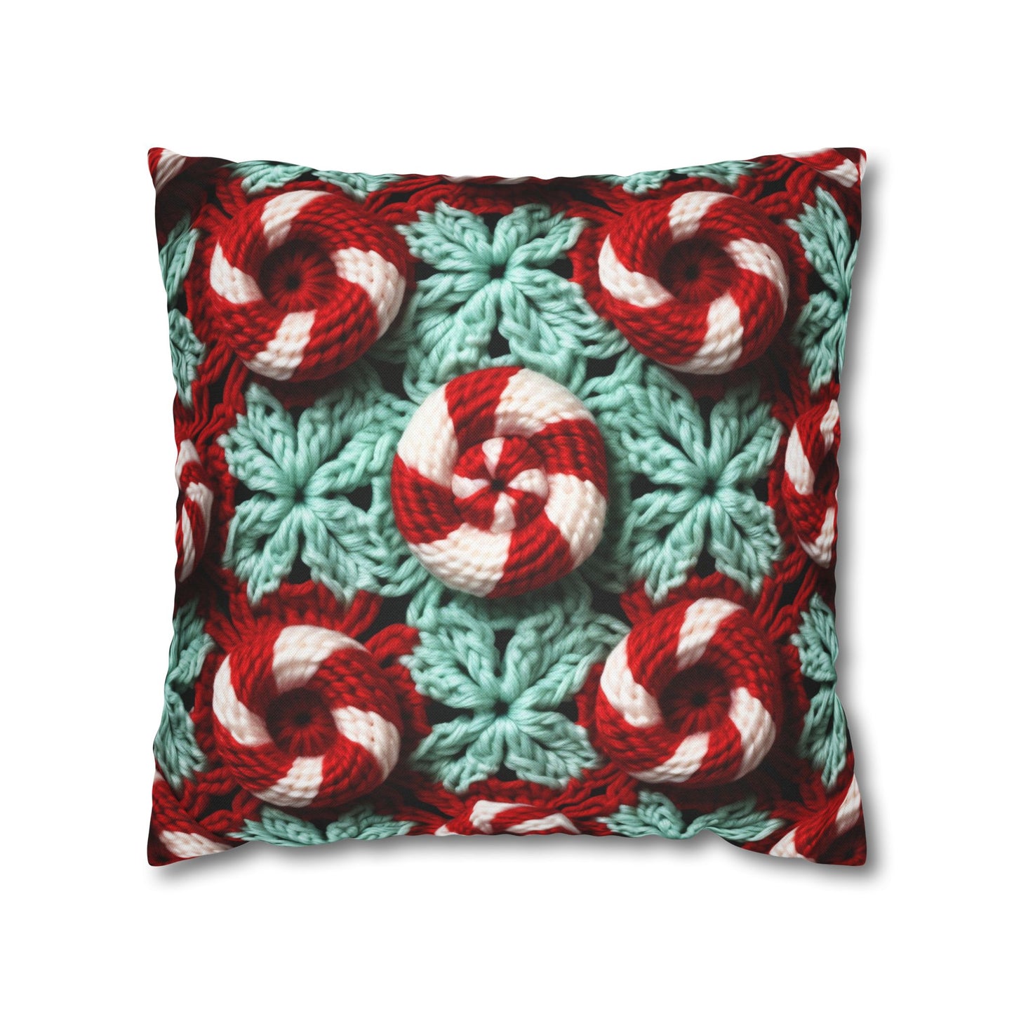 Christmas Crochet Candy Cane - Pepper Red Crystal White Holiday Pattern - Spun Polyester Square Pillow Case