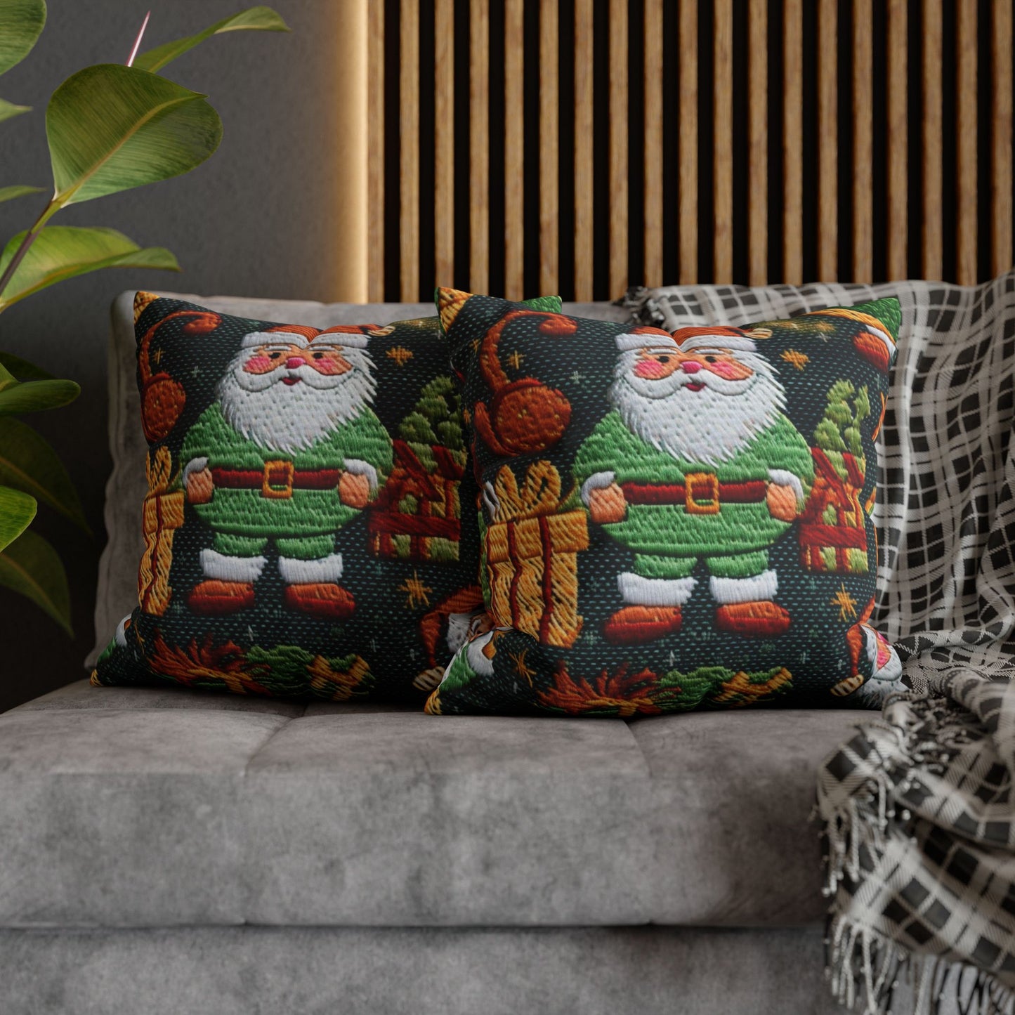 Christmas Santa Claus - Embroidered Presents - Festive Winter Wonderland - Deck the Halls Design - Spun Polyester Square Pillow Case