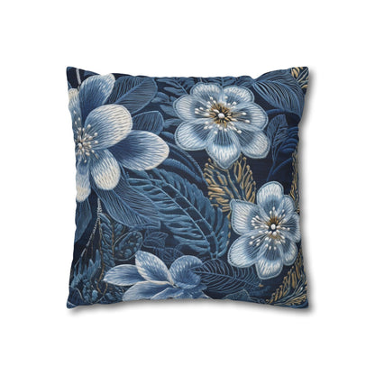 Flower Blossom Embroidery Floral on Denim Style - Spun Polyester Square Pillow Case