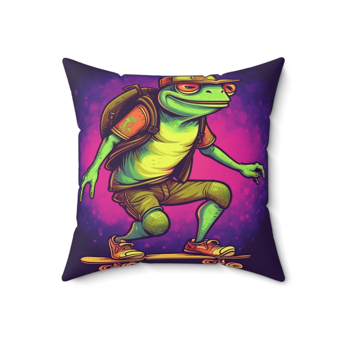 Frog Skateboarder Galactic Anime Hip Hop Spun Polyester Square Pillow