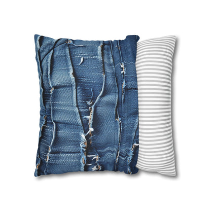 Midnight Blue Distressed Denim: Rugged, Torn & Stylish Design - Spun Polyester Square Pillow Case