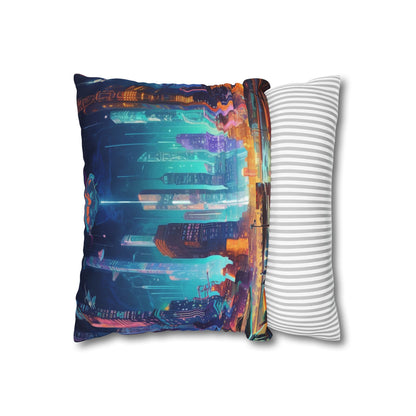 Futuristic Neon Cyberpunk Cityscape Art Design Spun Polyester Square Pillow Case