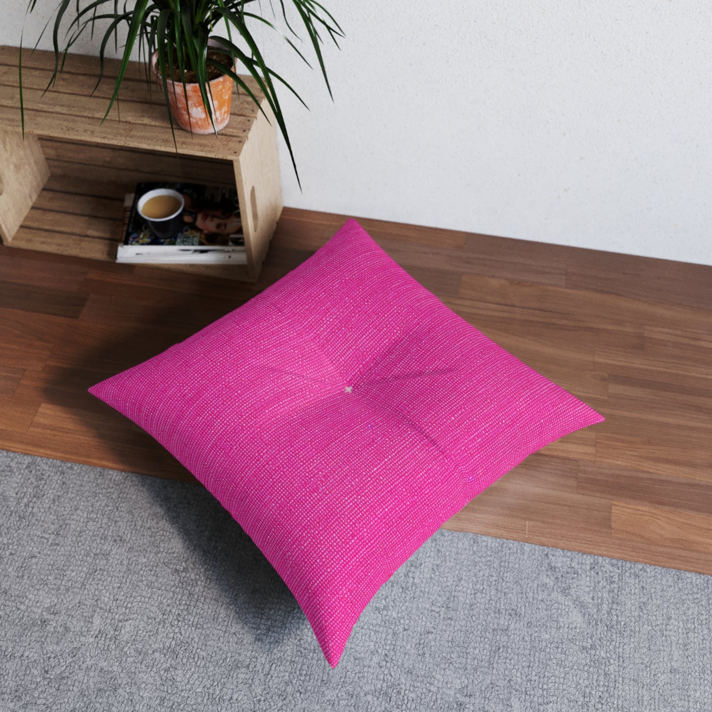 Hot Neon Pink Doll Like: Denim-Inspired, Bold & Bright Fabric - Tufted Floor Pillow, Square