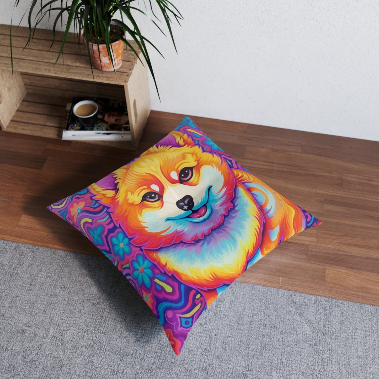 Bright Shiba Inu & Corgi Design - Unique, Vibrant & Eye-Catching - Tufted Floor Pillow, Square