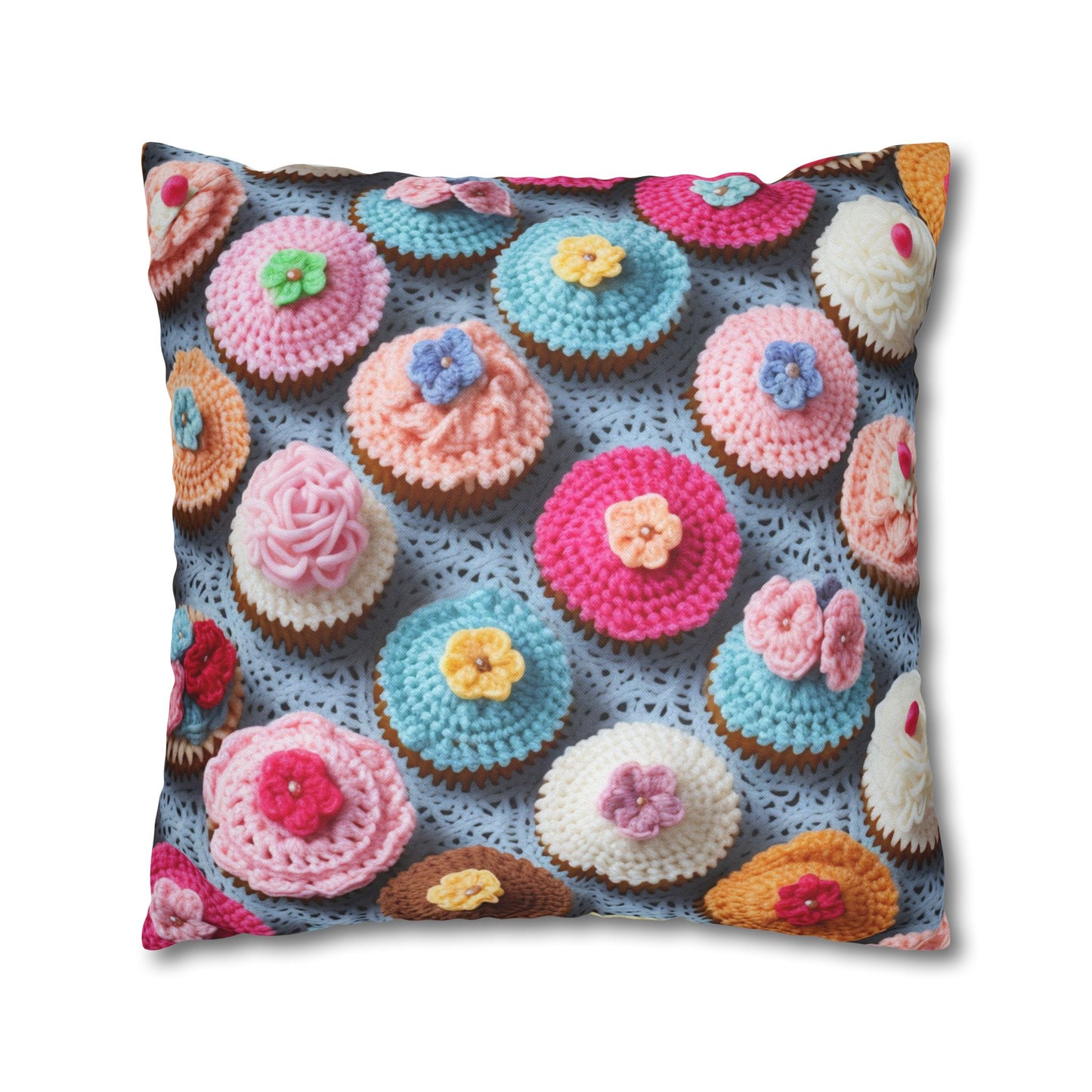 Crochet Cupcake Treat Frosted Cake Dessert Bakery Design - Spun Polyester Square Pillow Case