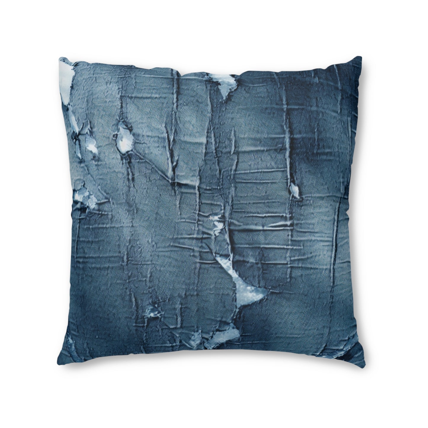 Distressed Blue Denim-Look: Edgy, Torn Fabric Design - Tufted Floor Pillow, Square