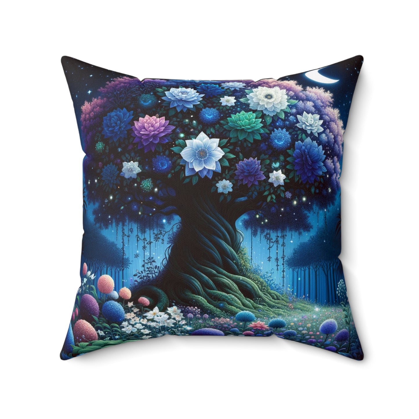 Starry Night Bloom: Magical Garden and Celestial Tree Art - Spun Polyester Square Pillow