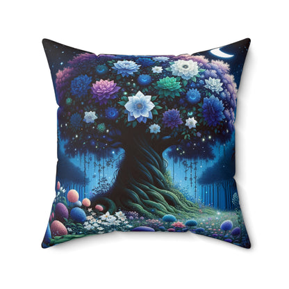 Starry Night Bloom: Magical Garden and Celestial Tree Art - Spun Polyester Square Pillow