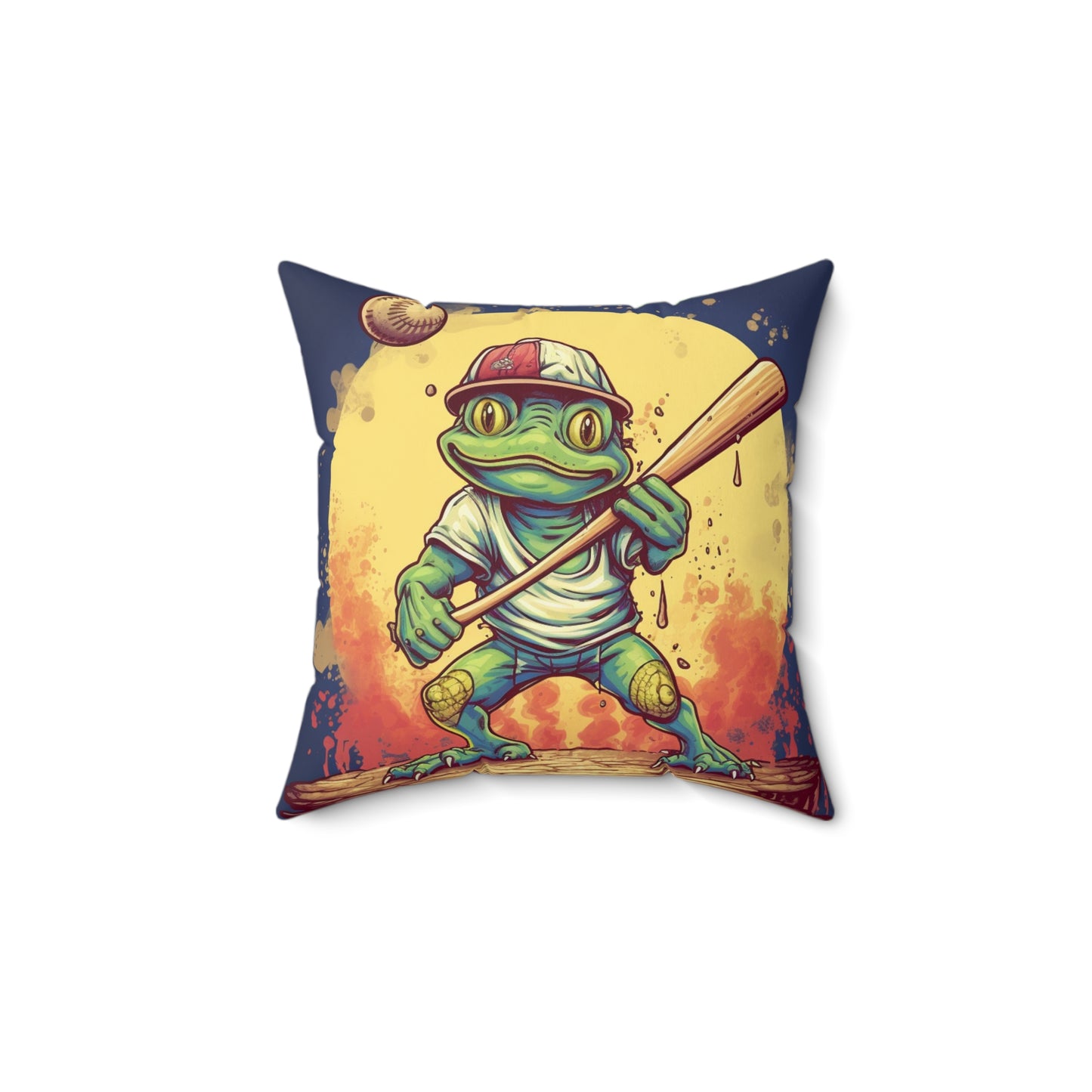 Frog Baseball Sport Athletic Swamp Creature Game Graphic Spun Polyester Square Pillow