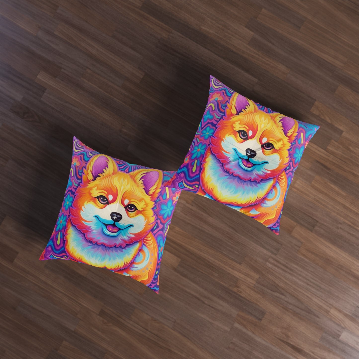 Bright Shiba Inu & Corgi Design - Unique, Vibrant & Eye-Catching - Tufted Floor Pillow, Square