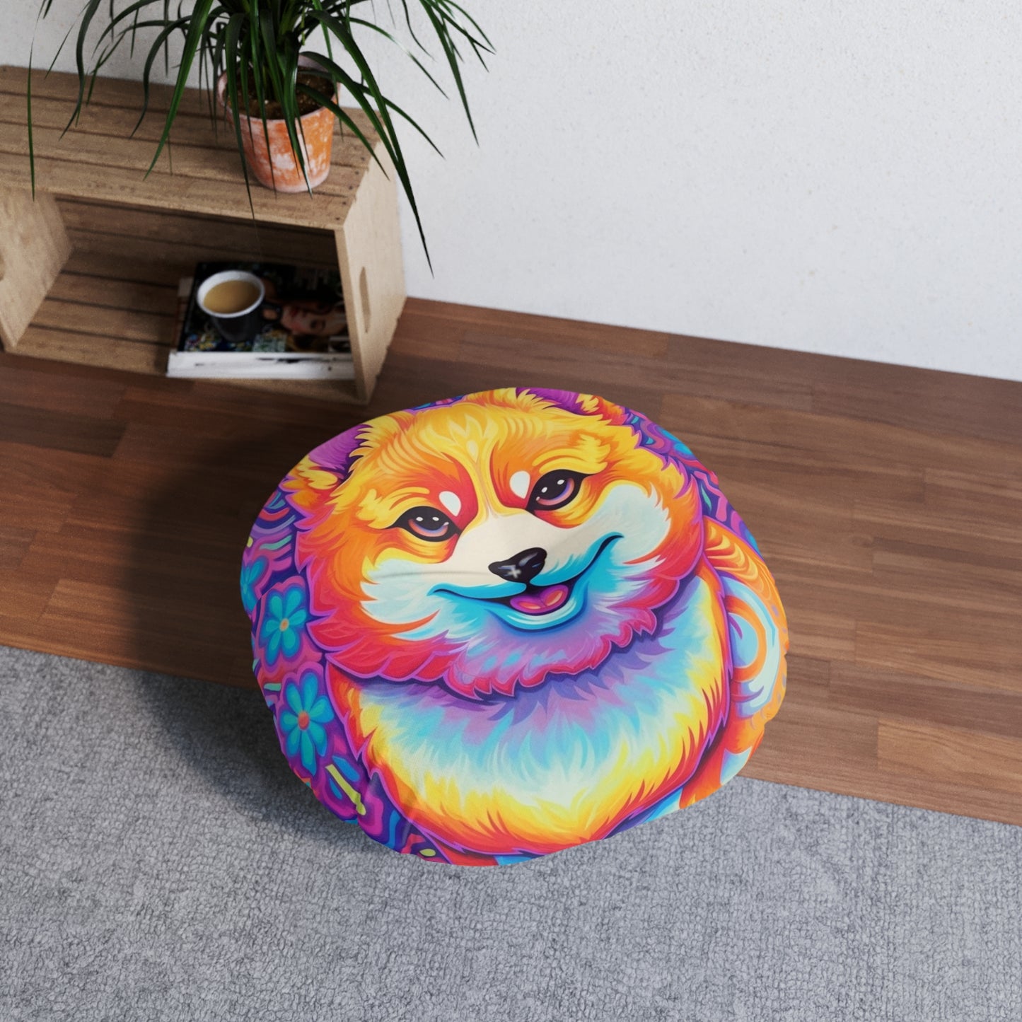 Bright Shiba Inu & Corgi Design - Unique, Vibrant & Eye-Catching - Tufted Floor Pillow, Round