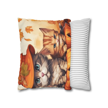 Kitty Cat Kittens Halloween - Cute Furries on Pumpkin - Festive Feline Decor - Spun Polyester Square Pillow Case