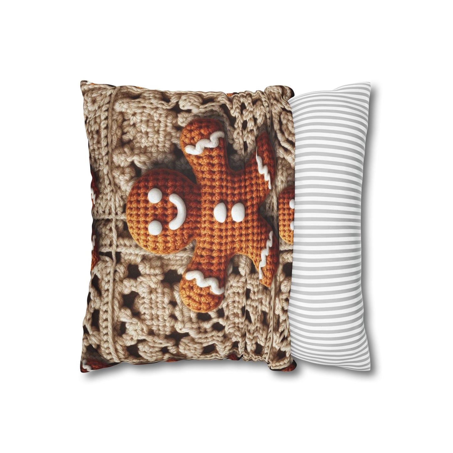 Rustic Gingerbread Delights: Christmas Crochet Gingerbread Men on Classic Beige Granny Squares - Spun Polyester Square Pillow Case