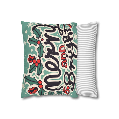 Merry and Bright Christmas Theme Holiday - Spun Polyester Square Pillow Case