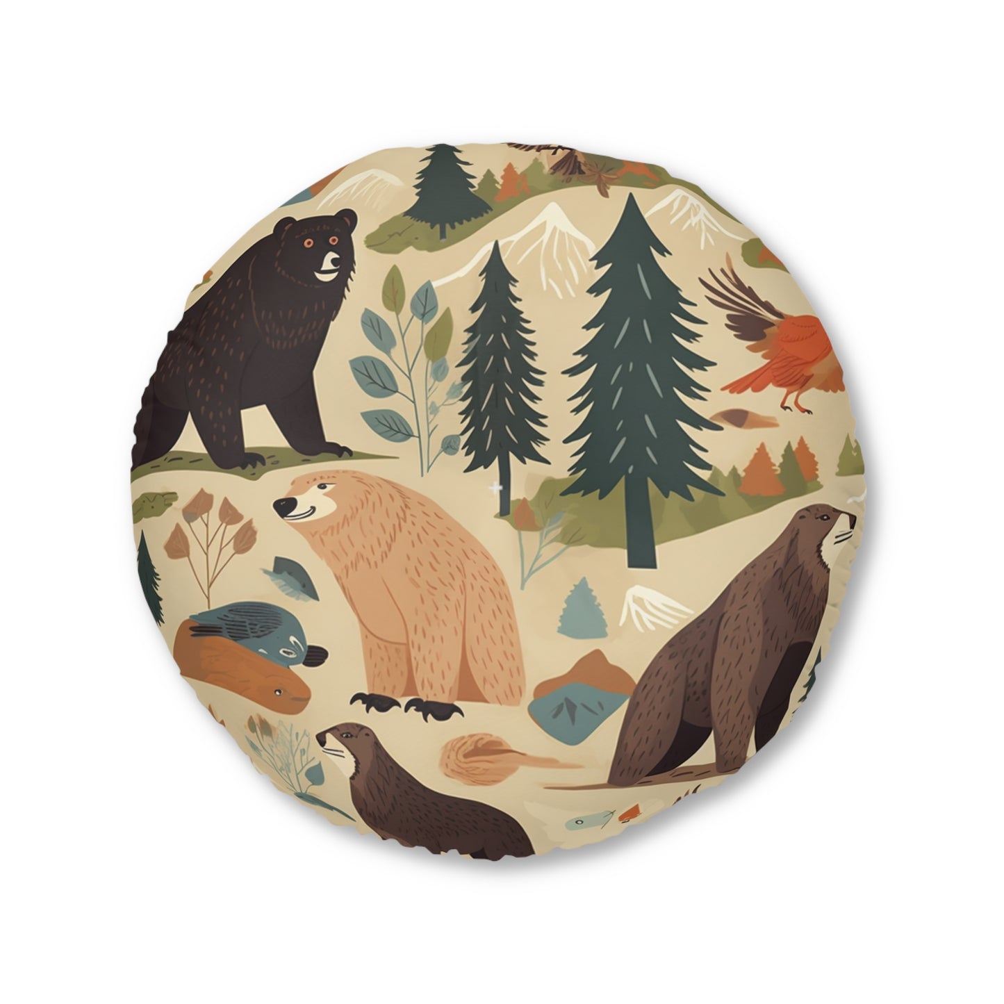 U.S. Wilderness Inspired: Grizzly Bears, Animals Pattern Tufted Floor Pillow, Round